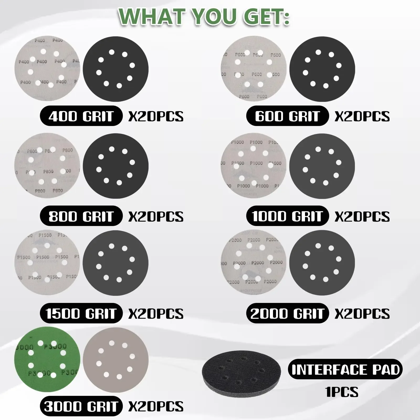5Inch 125MM Wet and Dry Sanding Paper Kit 141Pcs 8 Holes 400-3000Grit with Interface Pad for Automotive Sandpaper Polishing