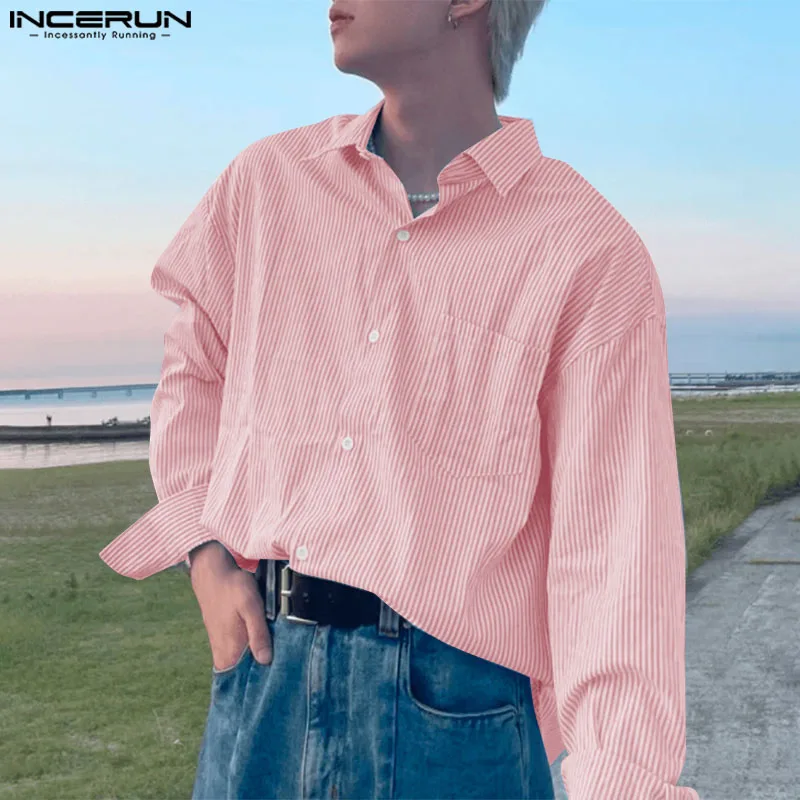 

INCERUN Tops 2025 Korean Style Fashion Men Loose Striped Design Shirts Casual Streetwear Male Hot Sale Long Sleeved Blouse S-5XL