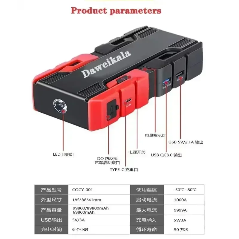 12V99800mAh Car Jump Starter Power Bank Battery Pack Booster Emergency Auto Charger