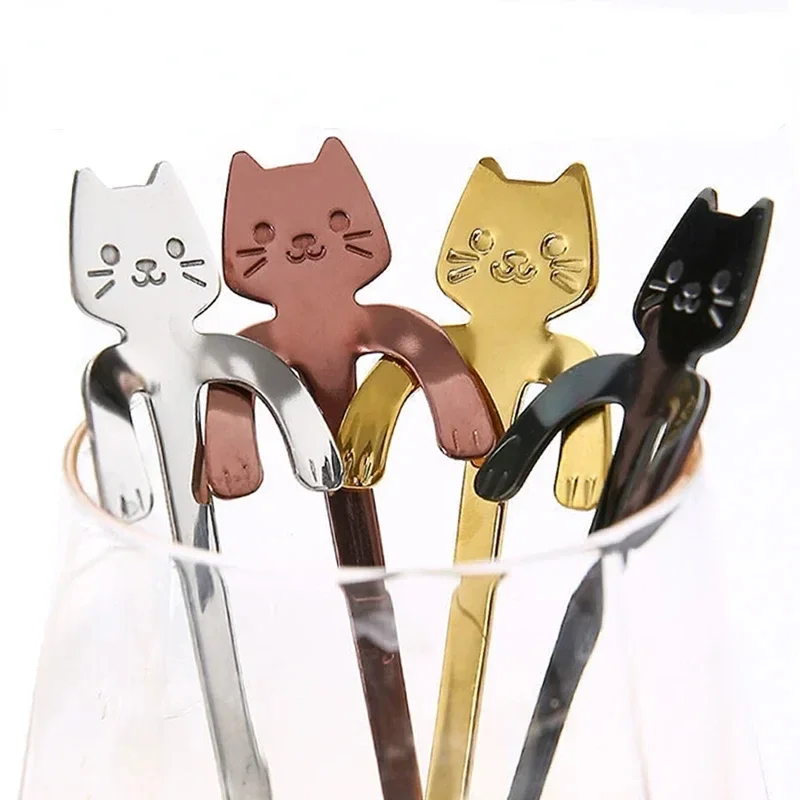 4pcs Stainless Steel Cute Cat Spoons Coffee Tea Ice Cream Teaspoons Spoon Dessert Snack Scoops Home Flatware Kitchen Accessories