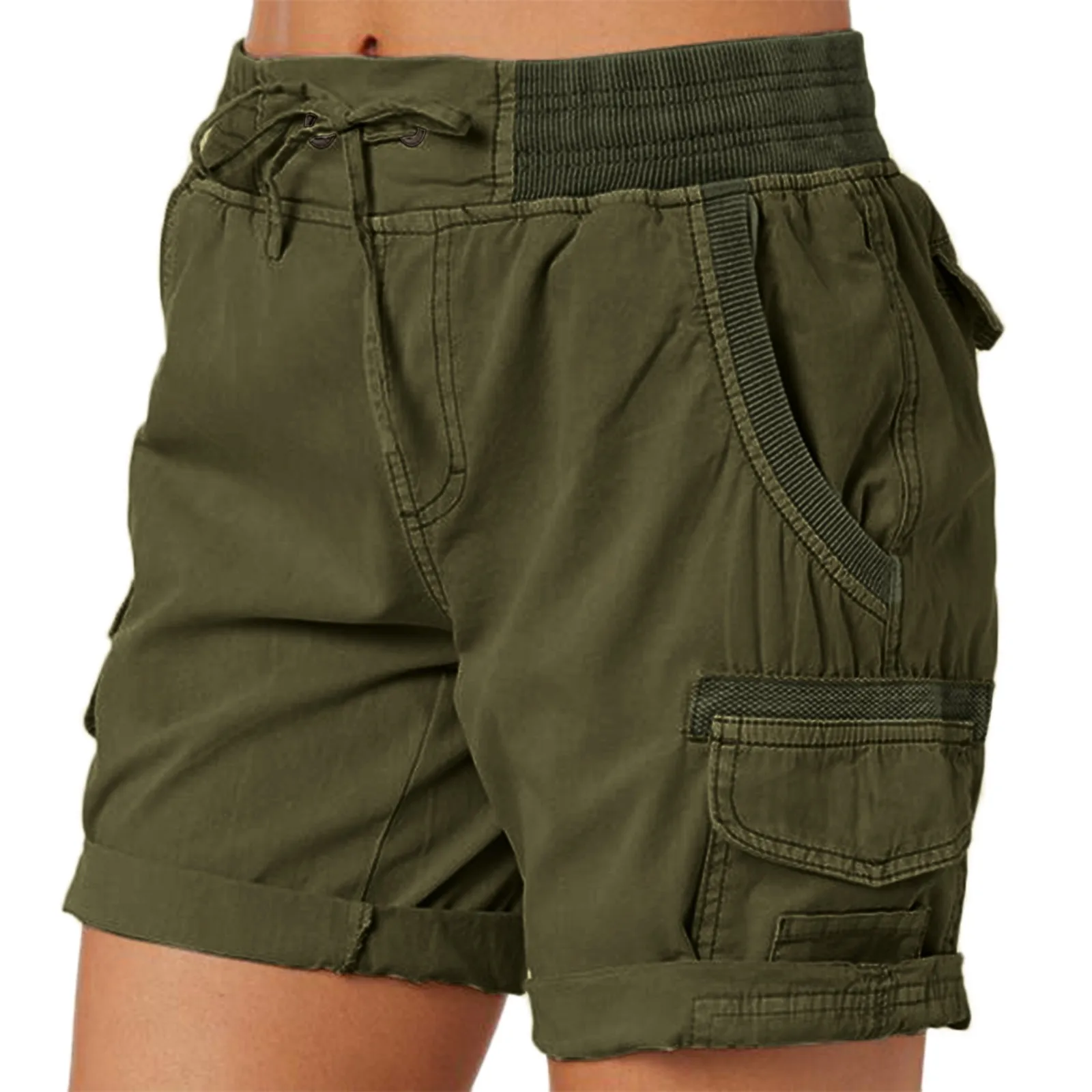 Ladies Cargo Shorts Summer Loose Hiking Shorts With Pocket Solid Color Thin Style Drawstring Elastic Waist Casual Fashion Shorts