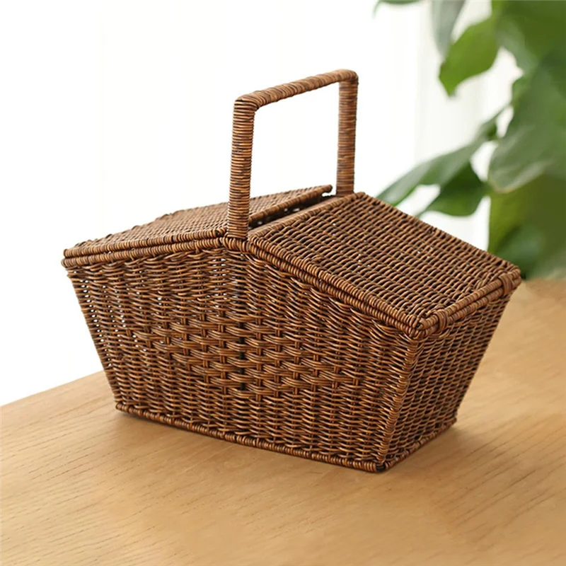 

ABRS-Pastoral Style Hand Basket With Lid Imitation Rattan Woven Picnic Basket Fruit Snacks Sundries Storage Basket