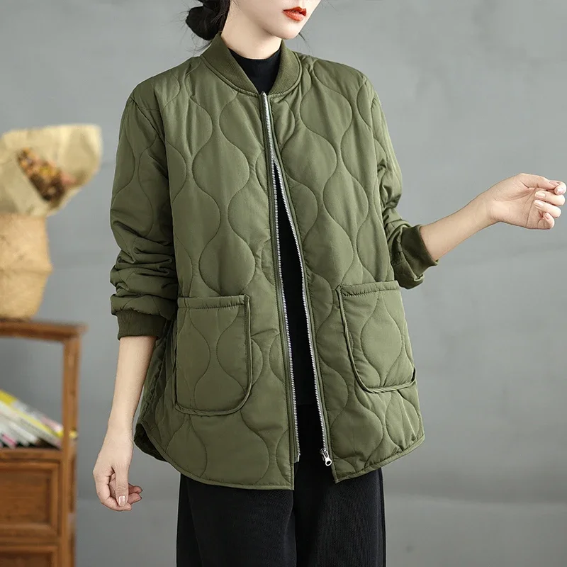 

Quilted Stand Collar Women's Jacket Casual Spring Autumn Loose Fit Zipper Front Solid Color Coat