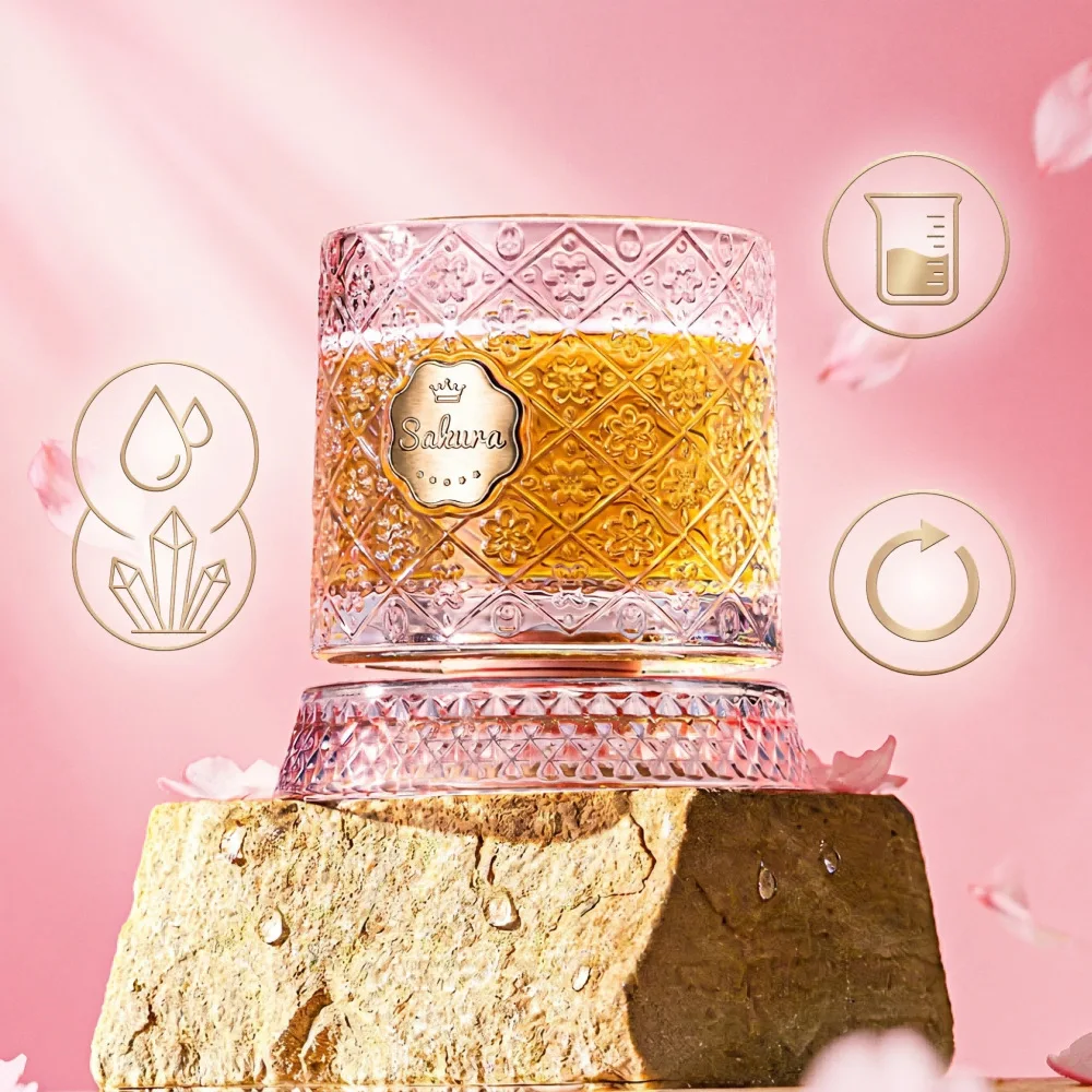 Romantic Pink Glass Cup with Cherry Blossom Pattern – Spinning Base, Great Gift for Her