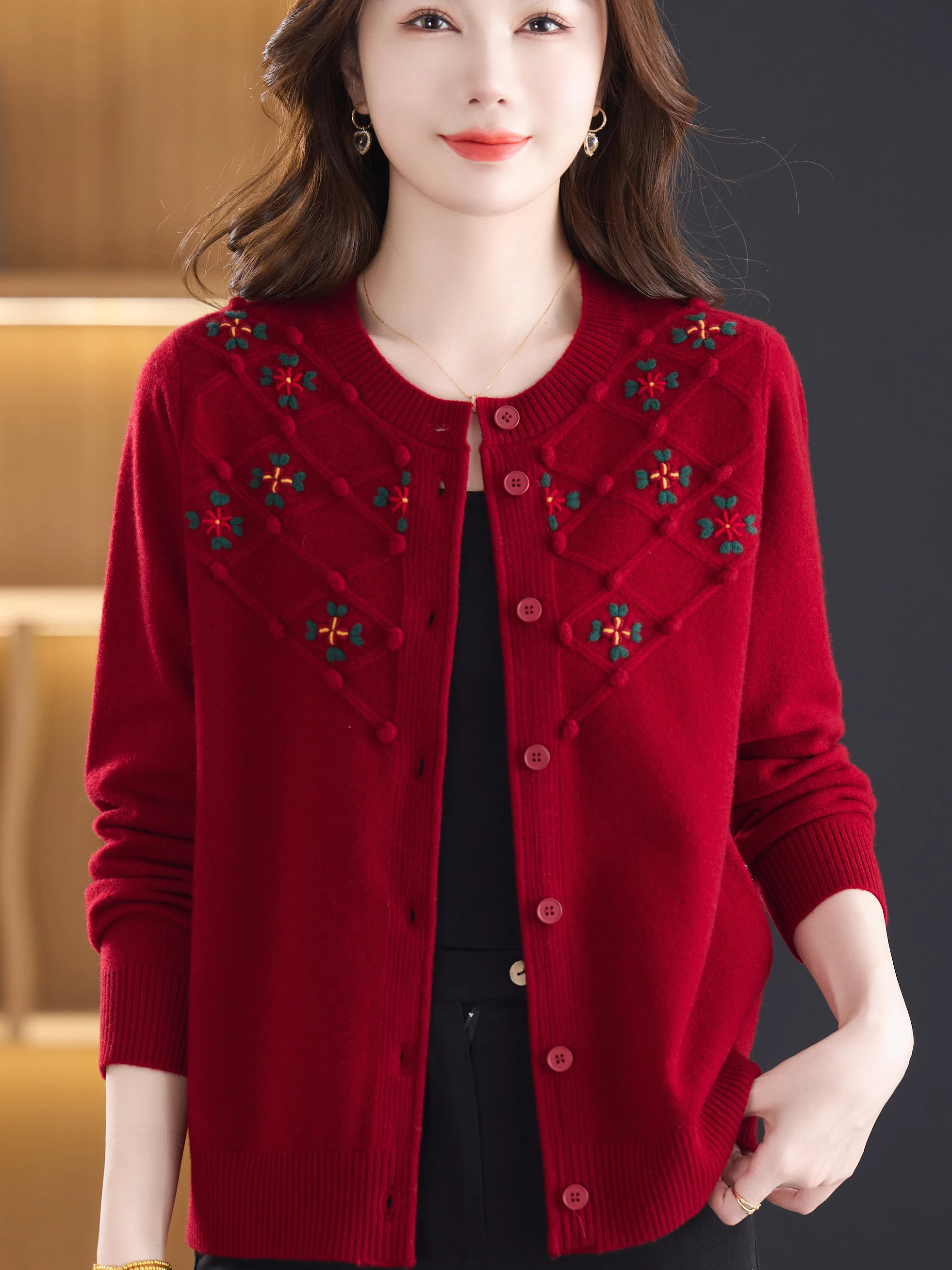 

Ele Embroidered Pure Woolen Knitted Cardigan for Middle-Aged Women Faionable And Sle Zipper Closure Casual Coat