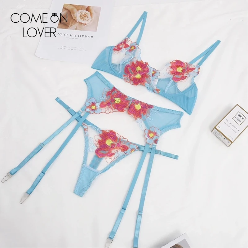 

Comeonlover Women's Underwear Set Floral Lingerie Embroidery Fancy Lace Bra Kit Push Up Thongs Garters Sexy Erotic Brief Sets