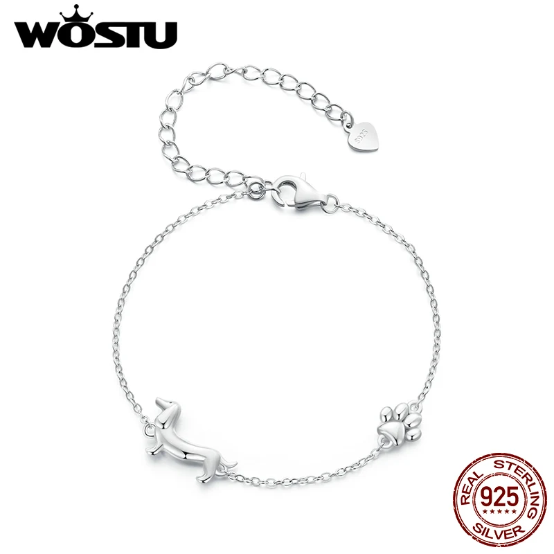 WOSTU 925 Sterling Silver Cute Dachshund Dog Charm Bracelet for Women Original Adjustble Animal Pet Paw link Family Gift Jewelry