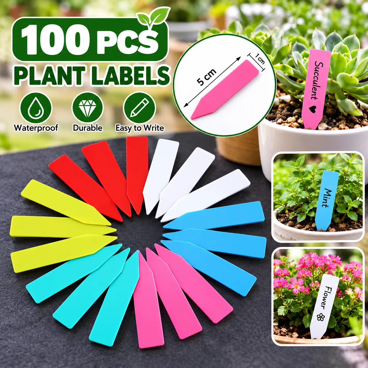 100Pcs Colorful Plastic Plant Labels 5x1cm Waterproof Garden Plant Tags Reusable Markers Succulents Seedlings Nursery Gardening