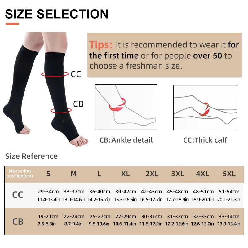 1 Pair Medical Compression Calf Sleeves 3 Levels Pressure Open Toe Breathable Varicose Vein Sports Running Socks 30-40 mmHg