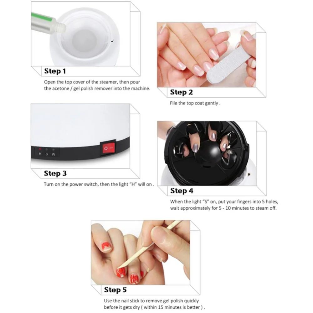 Plastic Nail Polish Remover Machine White 36W Power Electric Nail Steamer Steam Technology 5 Finger Capacity