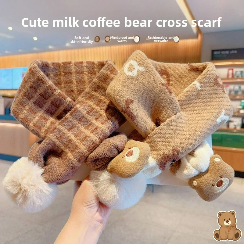 Korean Version Autumn and Winter Thickened Warm Neck Warmer, Cute Milk Coffee Little Bear Cross Scarf for Boys and Girls