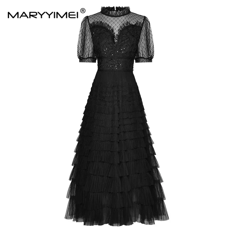 

MARYYIMEI Summer Women's Fashion dress Standing collar See through Short sleeved Sequin Tierred ruffles Elegant Party Dresses