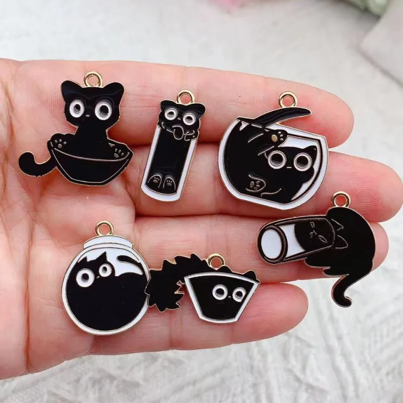 10 Uds. De abalorios de gato y botella para fabricación de joyas, collar esmaltado, colgante, pulsera, pendientes, suministros Diy, accesorios artesanales chapados en oro