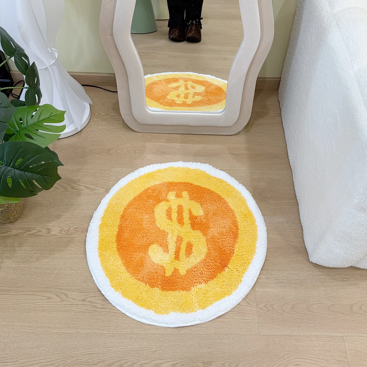 Gold Coin Dollar Sign Tufted Rug, Gradient Yellow & Orange Round Floor Mat, Anti-Slip Soft Carpet for Gaming Room, Home