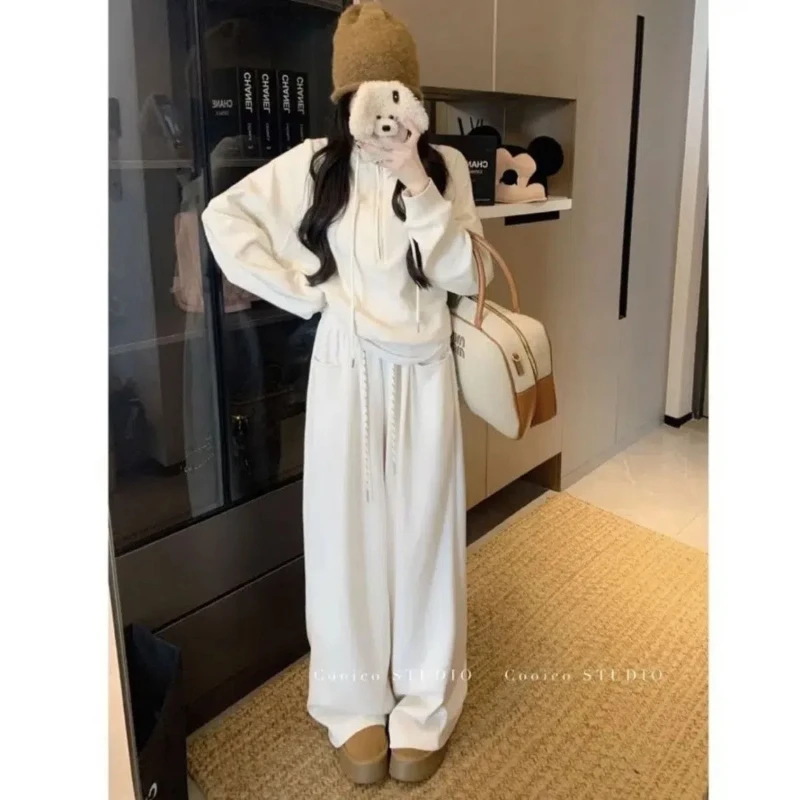 

Весенне-осенние новые женские костюмы из чистого хлопка, женские пуловеры с воротником-стойкой и длинными рукавами на молнии и шнурке, брюки с эластичной резинкой на талии