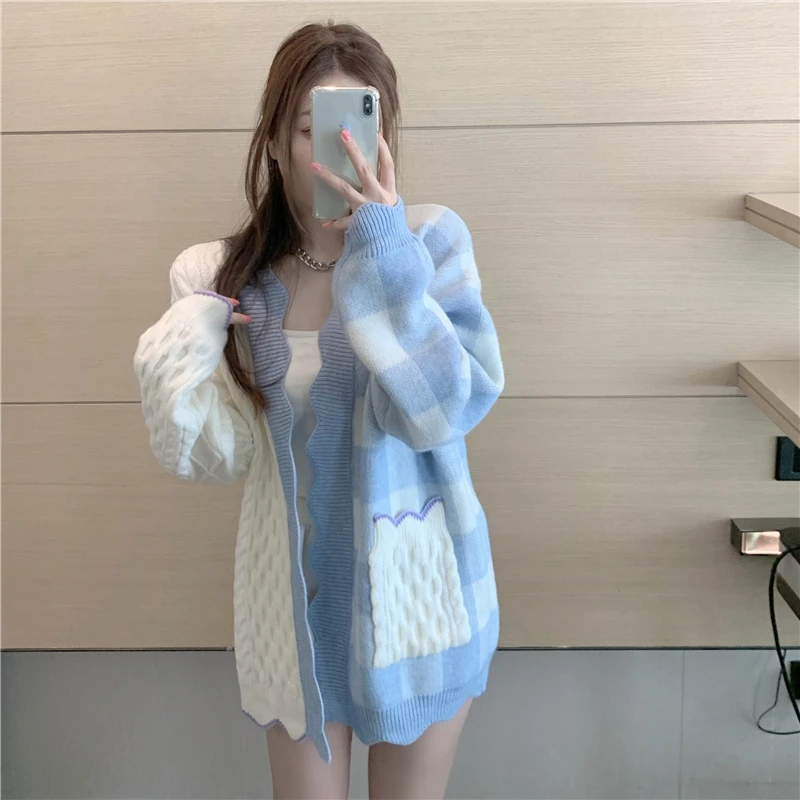 Fashion V-neck cardigan sweater coat women's 2025 autumn winter sweet loose Top outside check Chic knit sweater Outwear Female