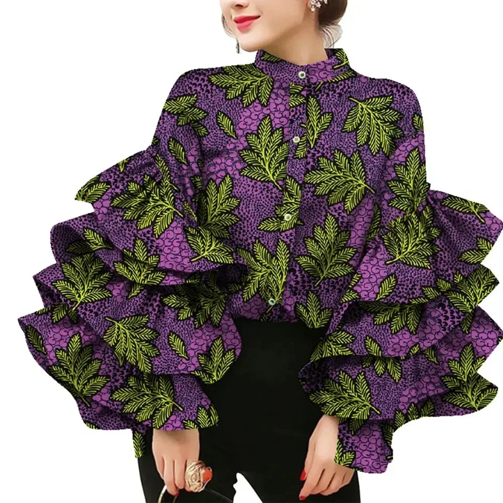 African Dress Shirt Stand Collar Layers Flare Sleeve Blouses for Women Wax Print Cotton Top Plus Size Lady Clothes Party WY8635