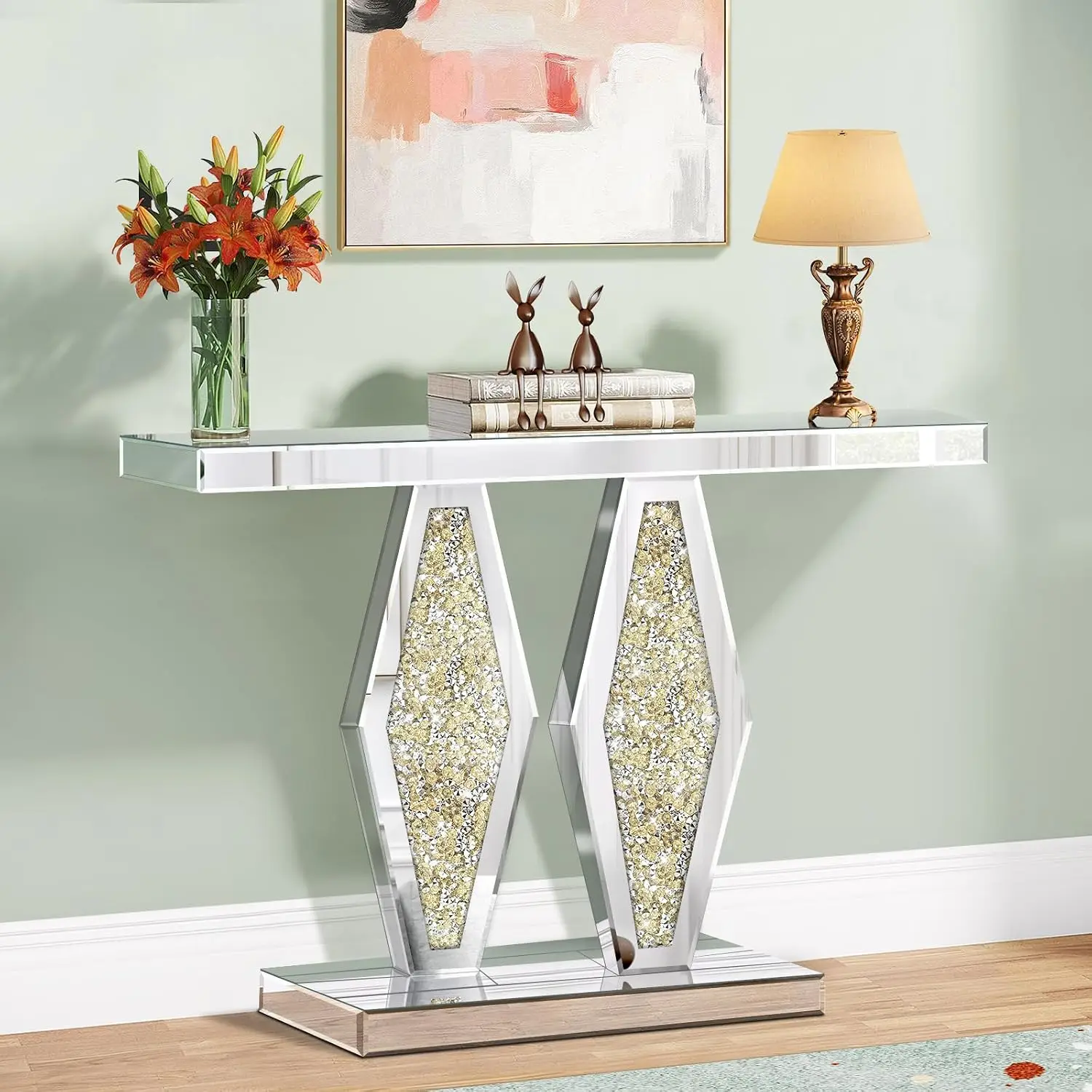 Mirrored Console Table Gold Crushed Diamond Inlay, 39.37