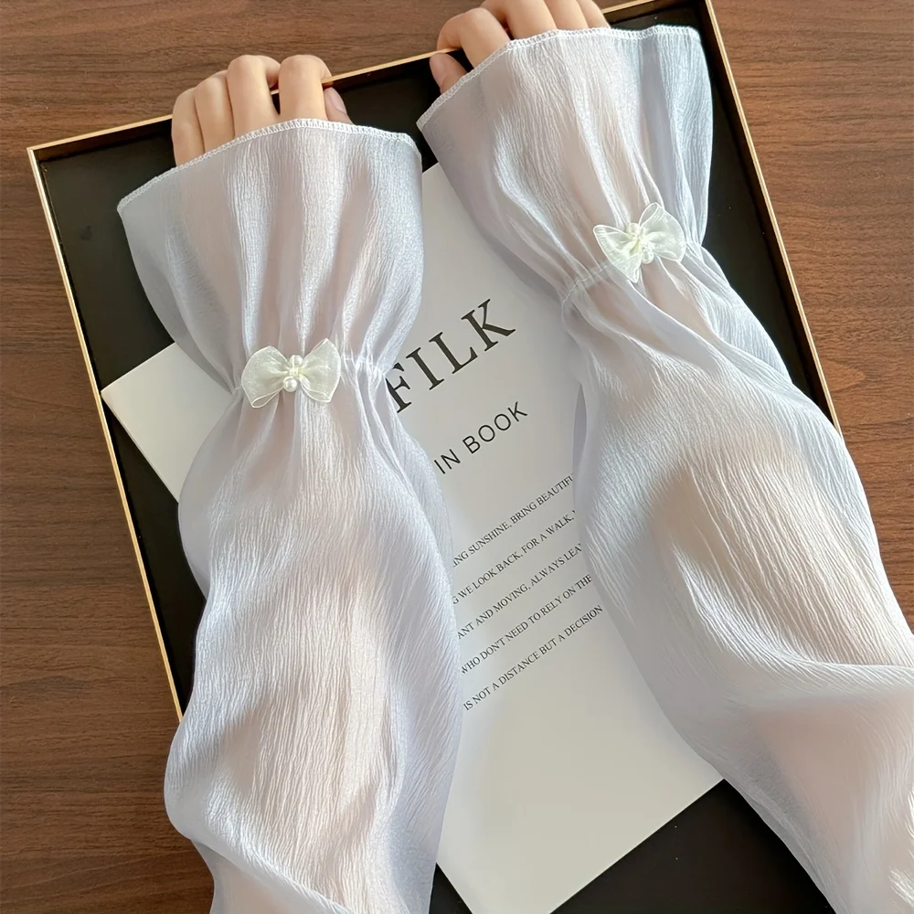 

A pair of loose women's gloves summer fashion lace bow pearl hand sleeves decorative outdoor arm guard sleeves thin breathable