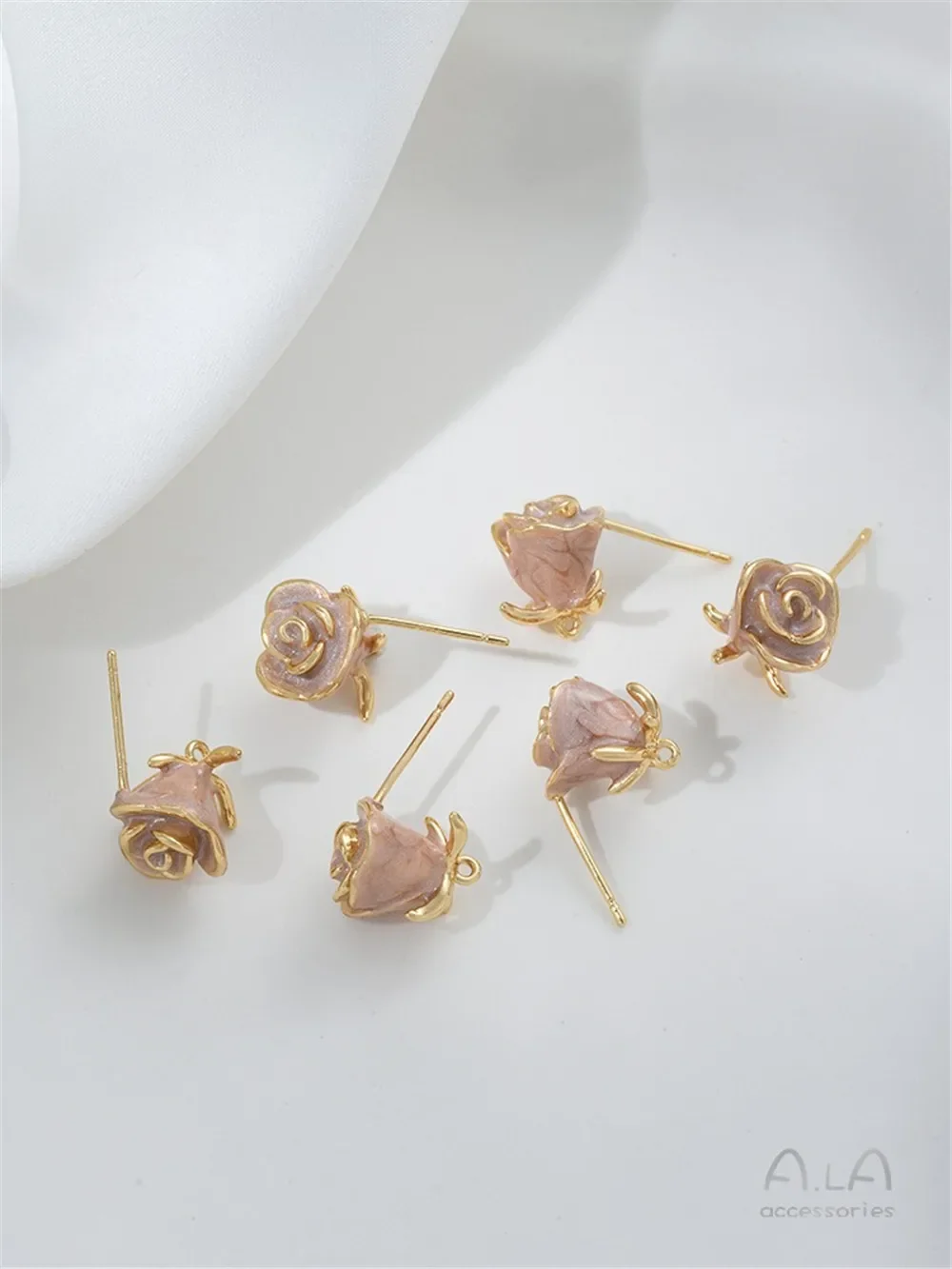 

14K Gold-Color Stud Earrings with Silver Pin, Dripping Oil, Pink Rose, Jewelry Material, DIY, Hand-made