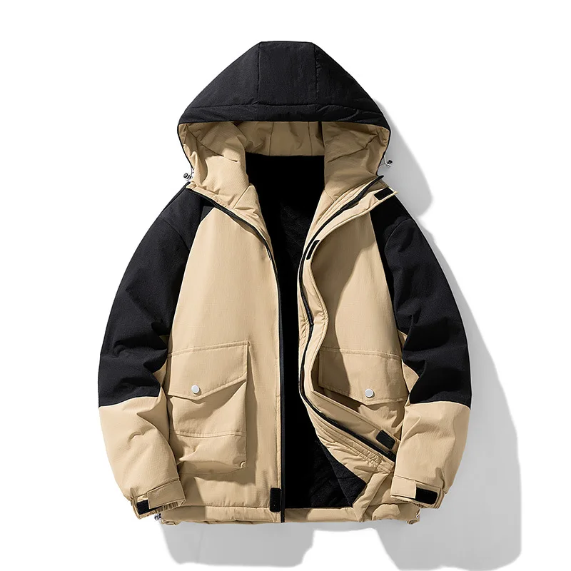 Men's 8XL Fleece Lined Hooded Jacket, Color Block Workwear Coat For Man, Multi-Pocket Mens Winter Warm Parkas