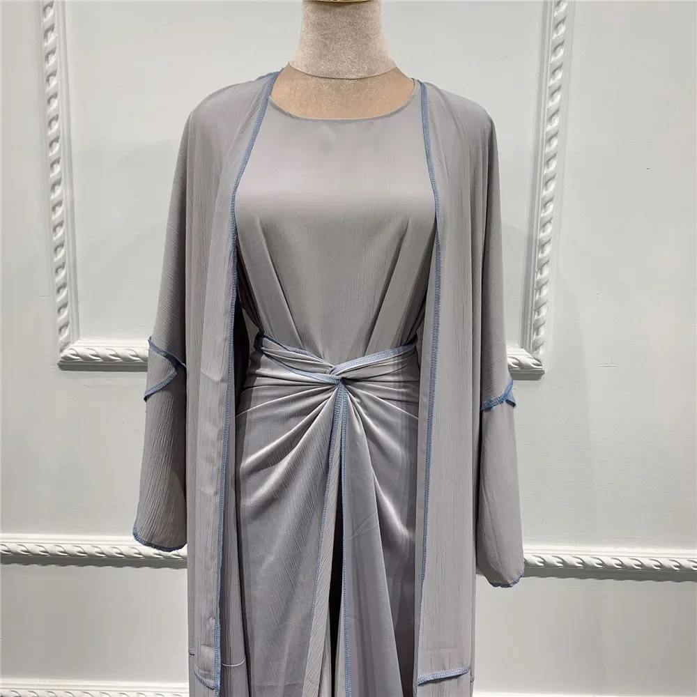 Women Solid Color Abaya Islamic Ramadan Dubai Kaftan Muslim Hijab Dress Arabic Open Kimono+Dress+Wrap Turkey Middle East Clothes