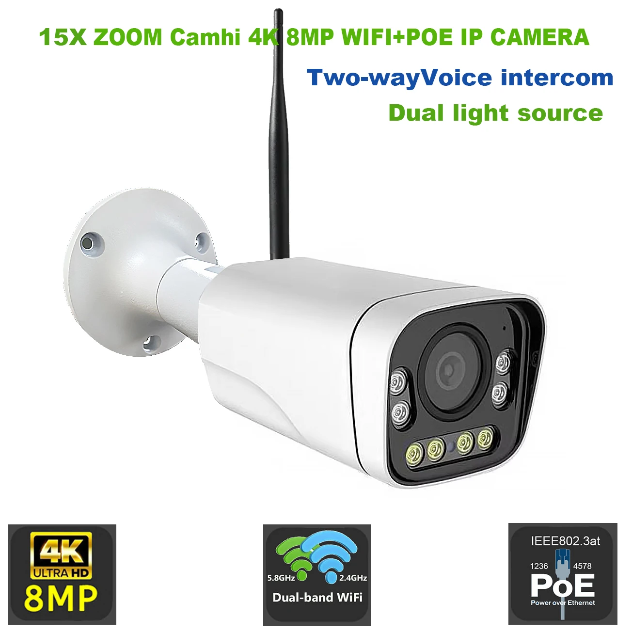 

CamHi 8MP 4K 15x zoom Wireless Wifi POE Humanoid car pet zoom IP camera security ip camera MIC speaker onvif P2P outdoor