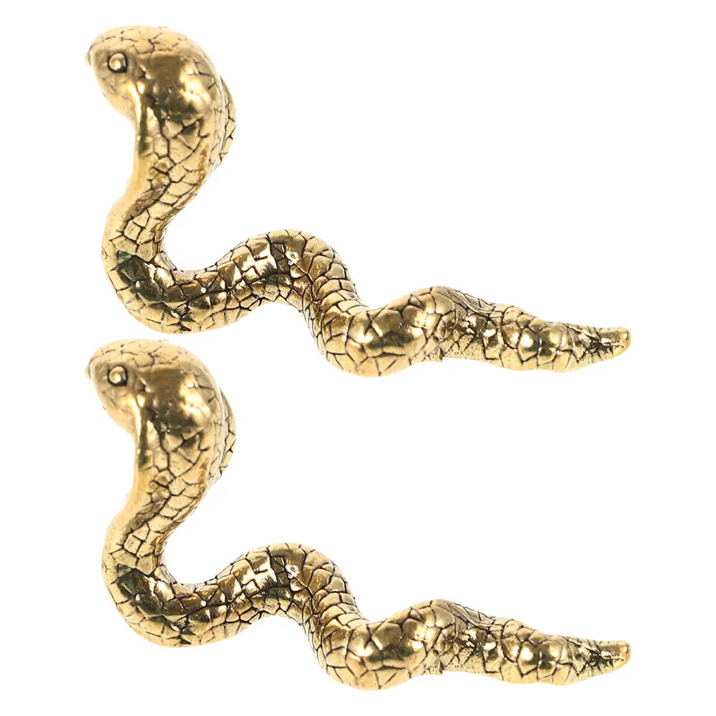 

2pcs Snake Figurine Brass Vintage Craftsmanship Tea Culture Inspired Miniature Statues Chinese New Year 2025 Feng Shui Decor