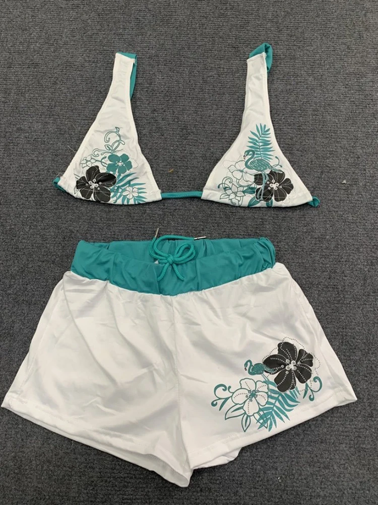 الصيف Y2K الجمالية خمر التباين زهرة طباعة الحمالة الصدرية مجموعة تي شيرتات قصيرة للأطفال أزياء الشاطئ الساخن مثير السيدات سبليت قطعتين بيكيني