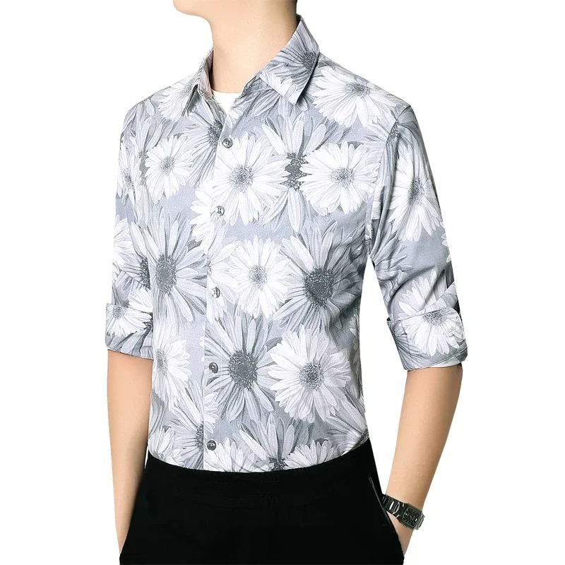 New men's micro-stretch long-sleeved shirt, single-breasted lapel printed long-sleeved shirt, Asian size multicolor optional
