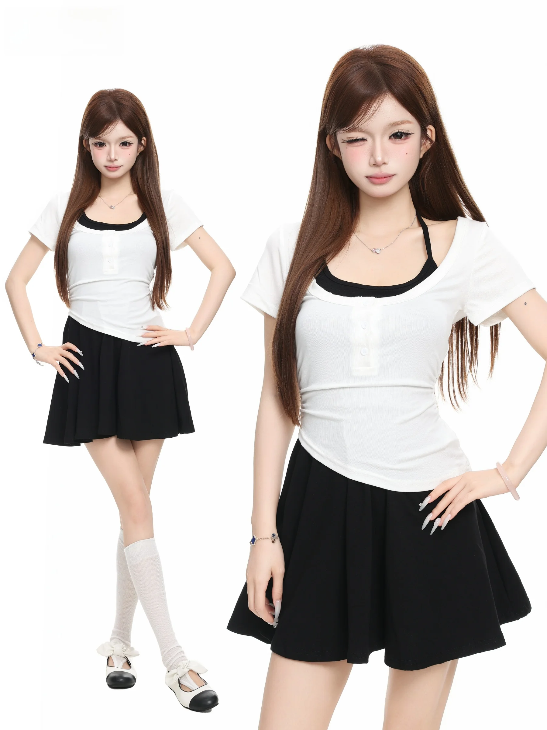 BASTERDS Korean Style Slim Fit Short Sleeve T-Shirt And Halter Dress Two Piece Set for Women Summer Sexy Slimming Top
