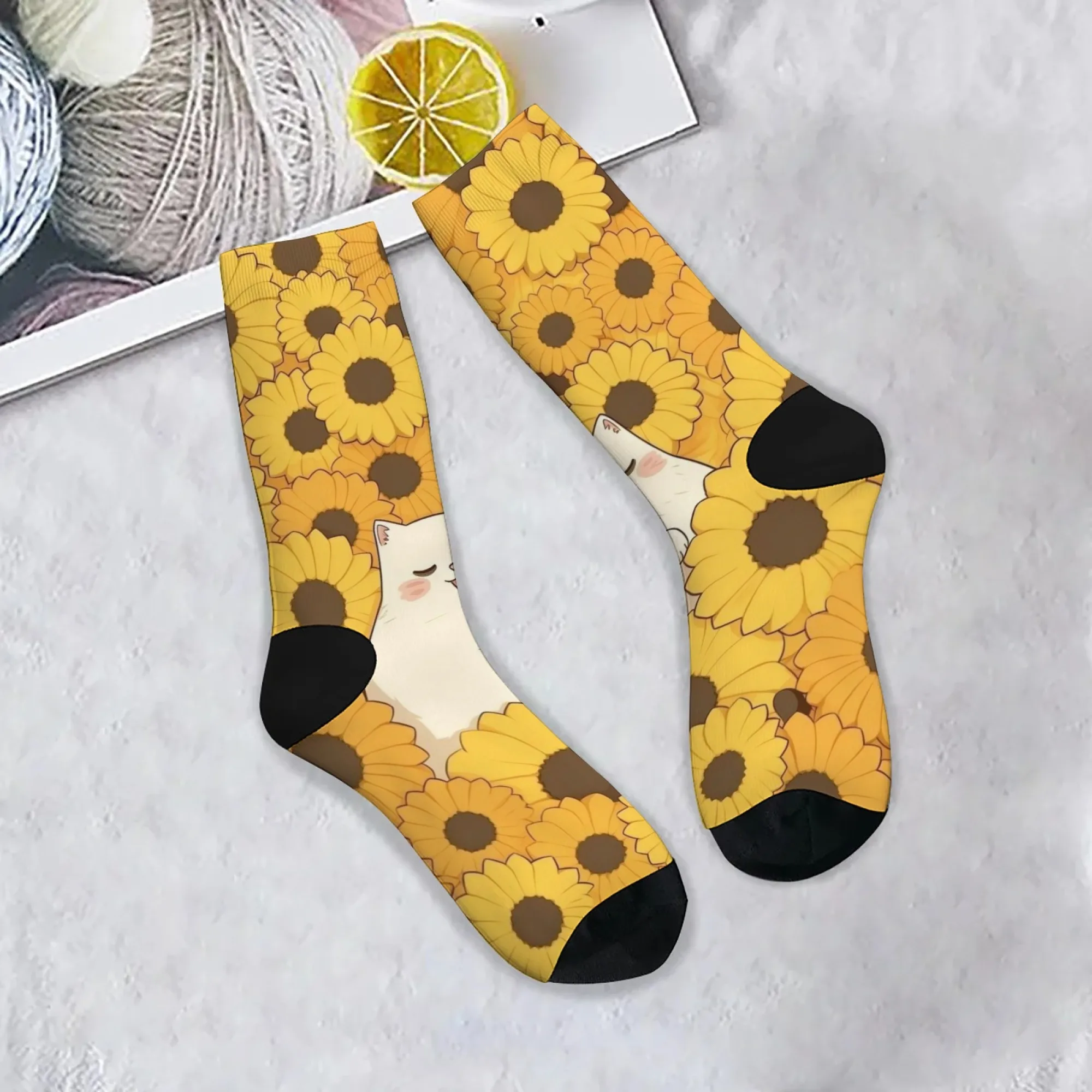 Socken mit Sonnenblumen- und Katzen-Aufdruck, bequem, atmungsaktiv, rutschfest, Freizeitsocken, Unisex, Harajuku, Retro, Street-Crew-Socken, Party-Geschenke
