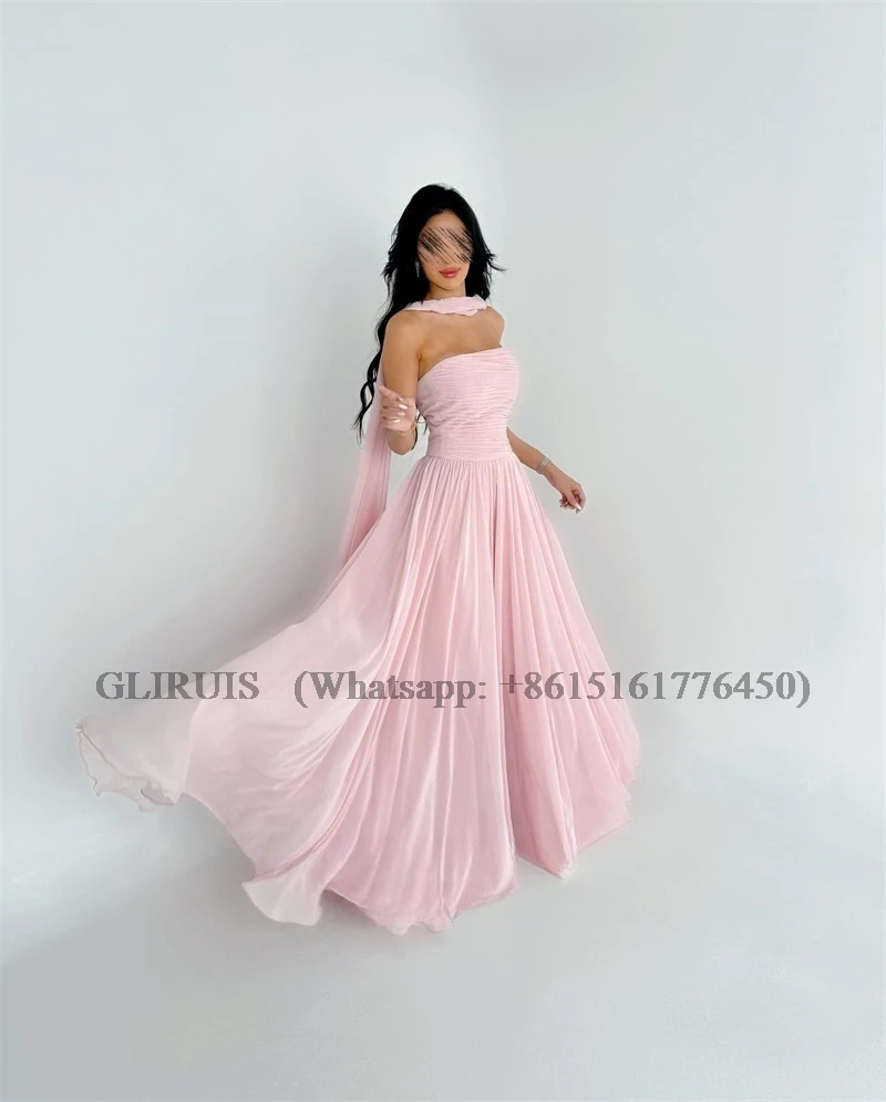 Pink Strapless A Line Evening Dresses Scarf Chiffon Beach Holiday Prom Gowns Saudi Arabia Floor Length Party Dress Customized