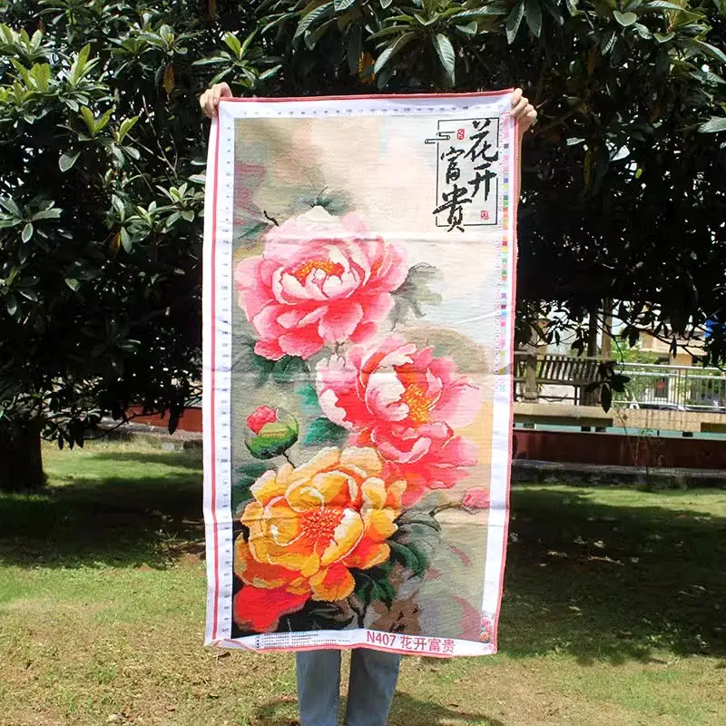 Handmade cross stitch finished product with blooming flowers, wealth and prosperity, vertical embroidery, entrance hallway,