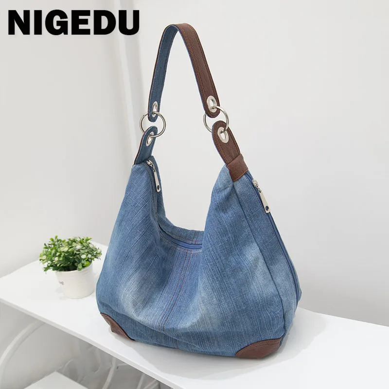 Denimowa damska torba na ramię o dużej pojemności Kobieca torebka hobos Design Casual big Totes niebieskie damskie torby na ramię Canvas Crossbody bags