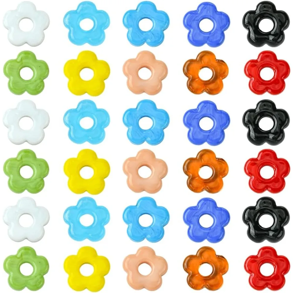 30pcs Lampwork Flower Beads Hollow Flower Beads Random Color Opaque Glass Flat Spring Floral Shaped Loose Spacer Bead Bulk