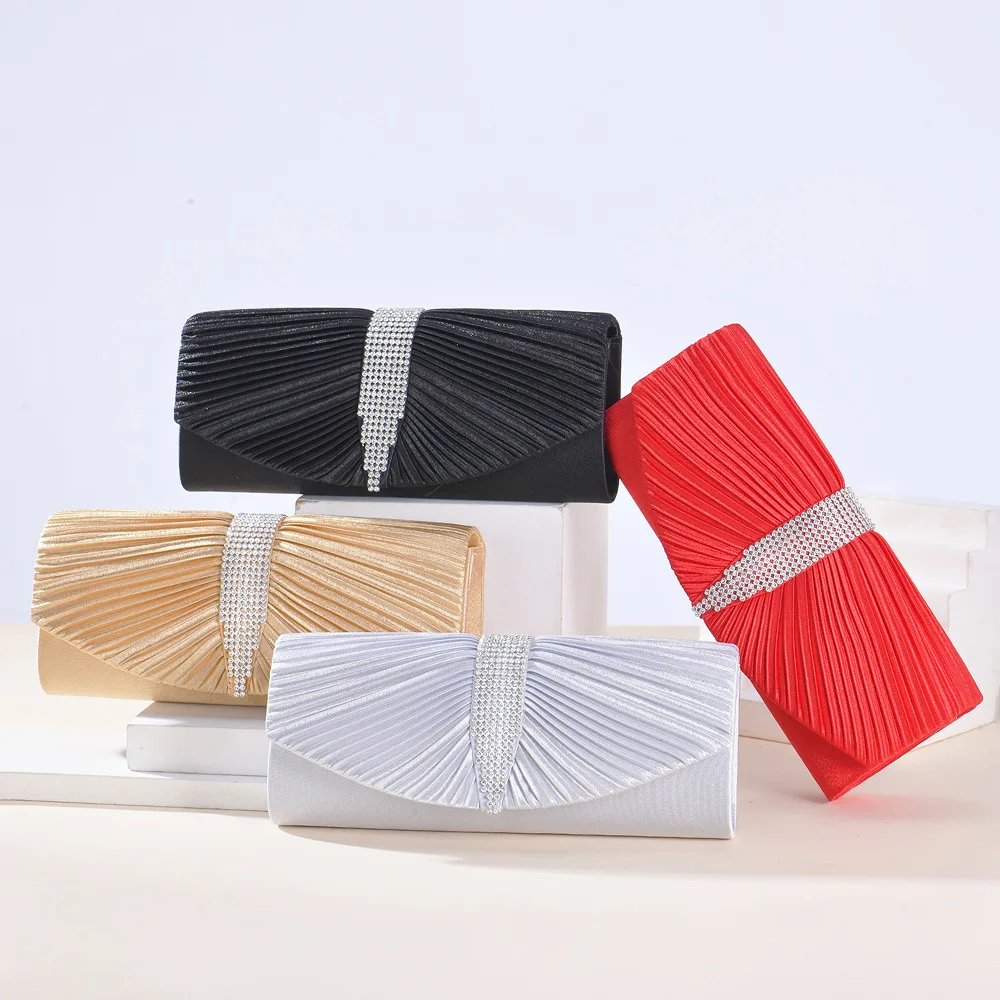 Satin Pleated Envelope Evening Handbags with Rhinestone for Women 2024 Trendy Shoulder Messenger Bags Wedding Bridal Party Purse