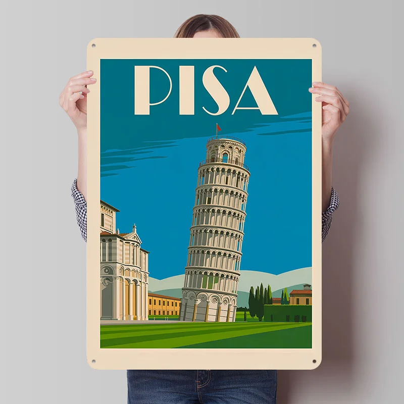 Leaning Tower of Pisa Travel Tinplate Poster Custom Wall Art Vintage Metal Signs Retro Tin Plaque for Home Decor Items Wand Deko