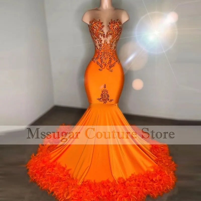 

2023 South African Orange Mermaid Prom Dresses Beaded Sheer Neck Feather Sweep Train Evening Gowns Custom Formal Party Dress