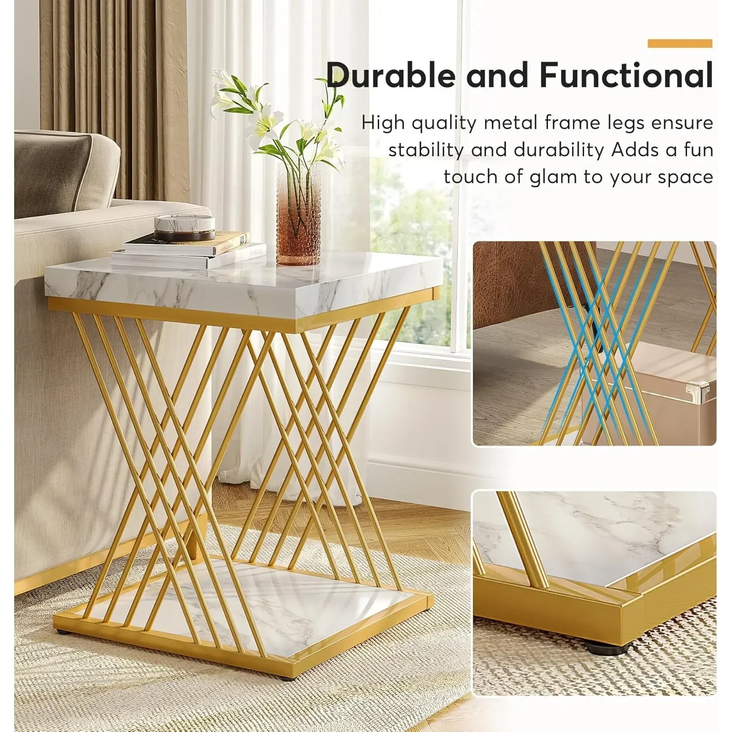 #Square End Table White Gold 2-Tier Side Table Modern Small Bedside Table with Storage for Couch ( Faux Marble White+Gold) image 4