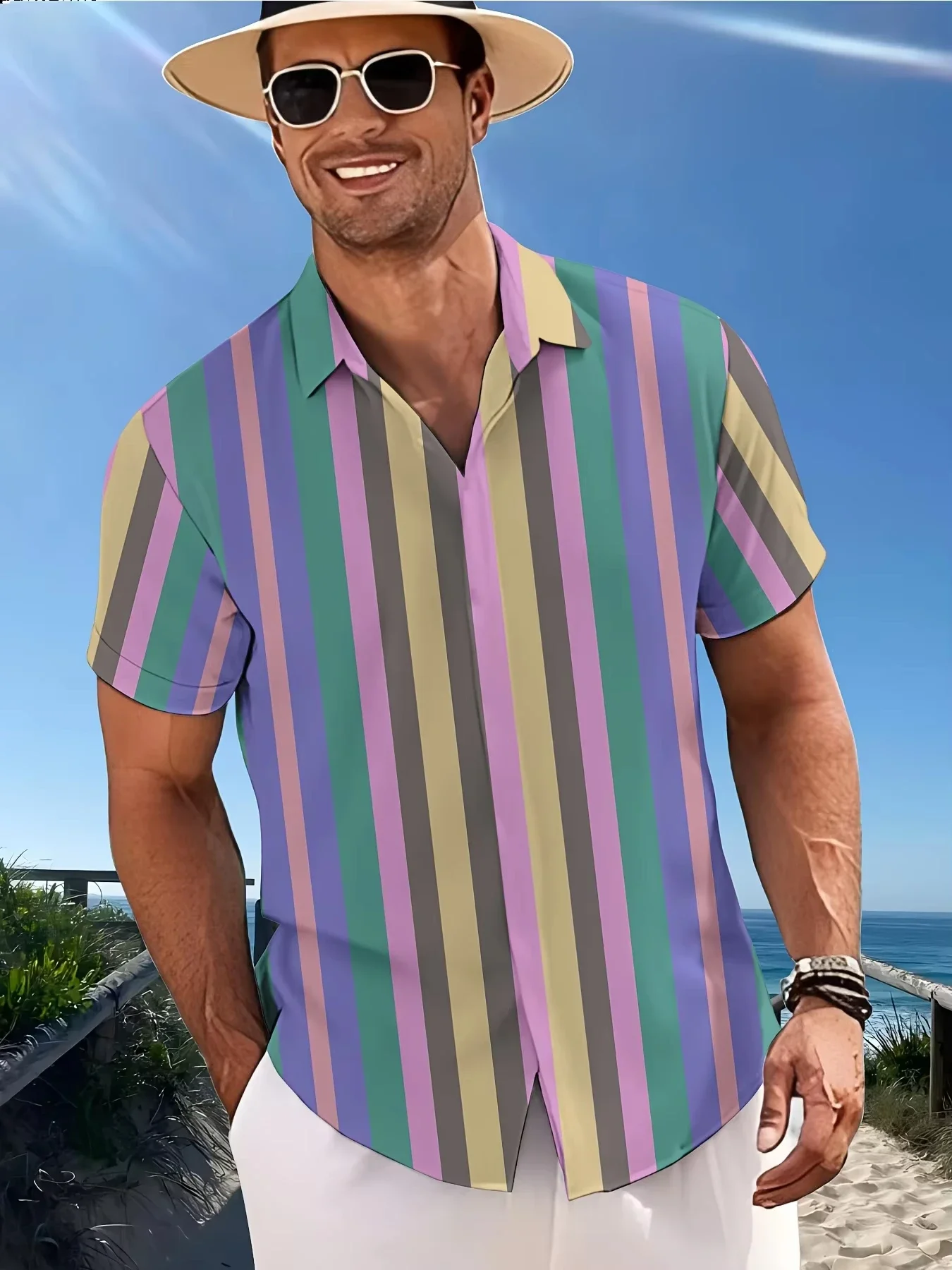 Men's Hawaiian Shirts Summer Casual Hawaiian Stripe Casual Printed Button Lapel Short Sleeve Shirts Men's Short Sleeve Shirts