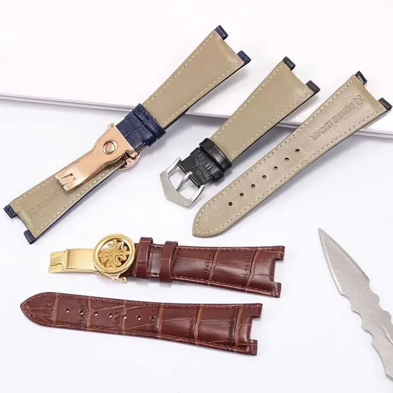 حزام ساعة من الجلد الطبيعي لـ Patek Philippe 5711 5712G مقاوم للماء مقعر قابل للطي المشبك حزام الساعات 25 مللي متر معصمه عالي الجودة