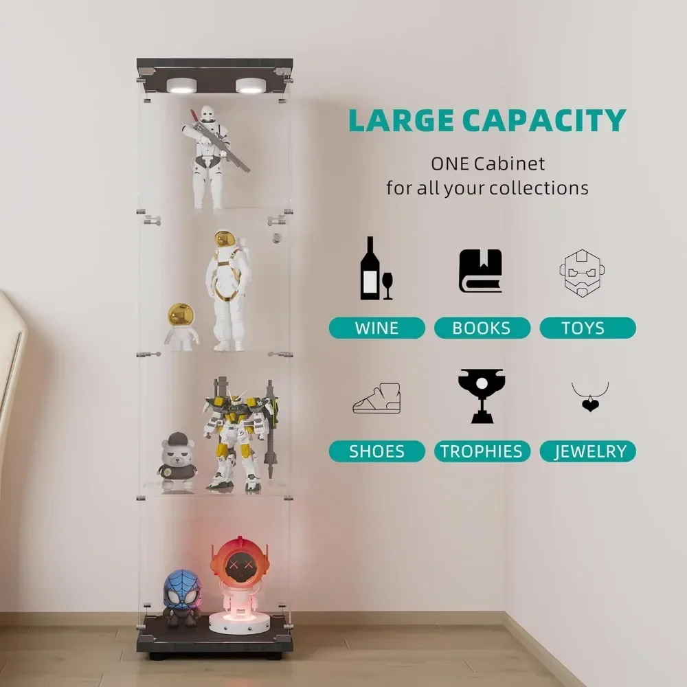 XMSJ-vitrina de vidrio con luces LED, estante de exhibición de vidrio templado de 4 estantes, gabinete de almacenamiento, cabina de exhibición de colección, 64,7 pulgadas