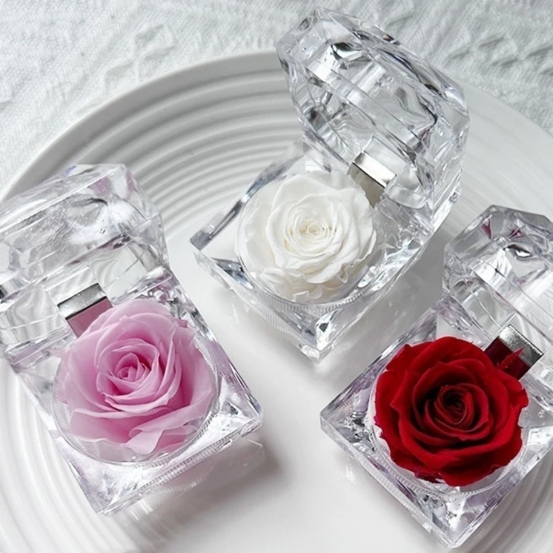 

1 Pcs Eternal Flower Rose Ring Box Jewelry Box Acrylic Valentine's Day Birthday Wedding Party Gift Display Box Jewelry Organizer