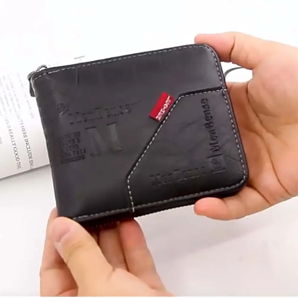 

Portable PU Leather Short Zipper Wallet Button Multi-card Men's Coin Purse Waterproof Zipper Tri-fold Wallet Work
