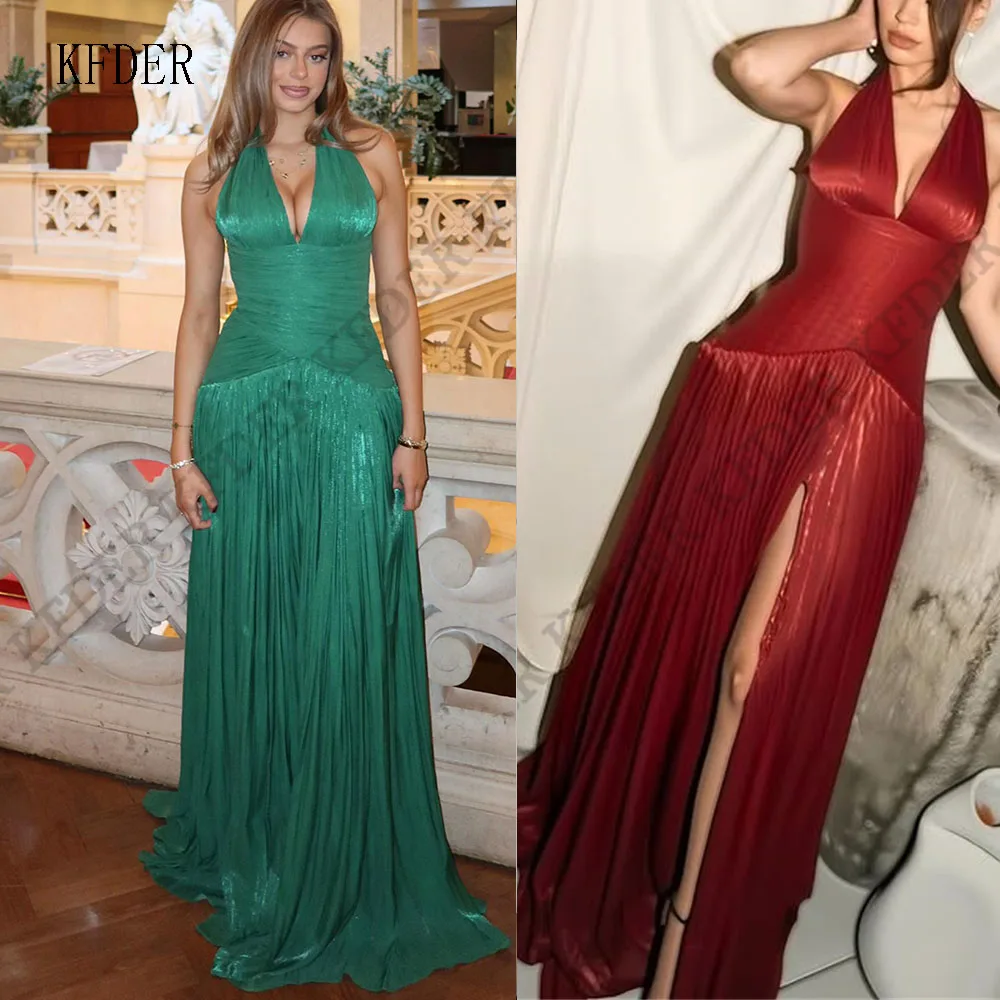 Vintage Shiny Chiffon Evening Dresses Pleated Slit A Line Dubai Robes De Soirée Deep V Neck Birthday Dress Customized