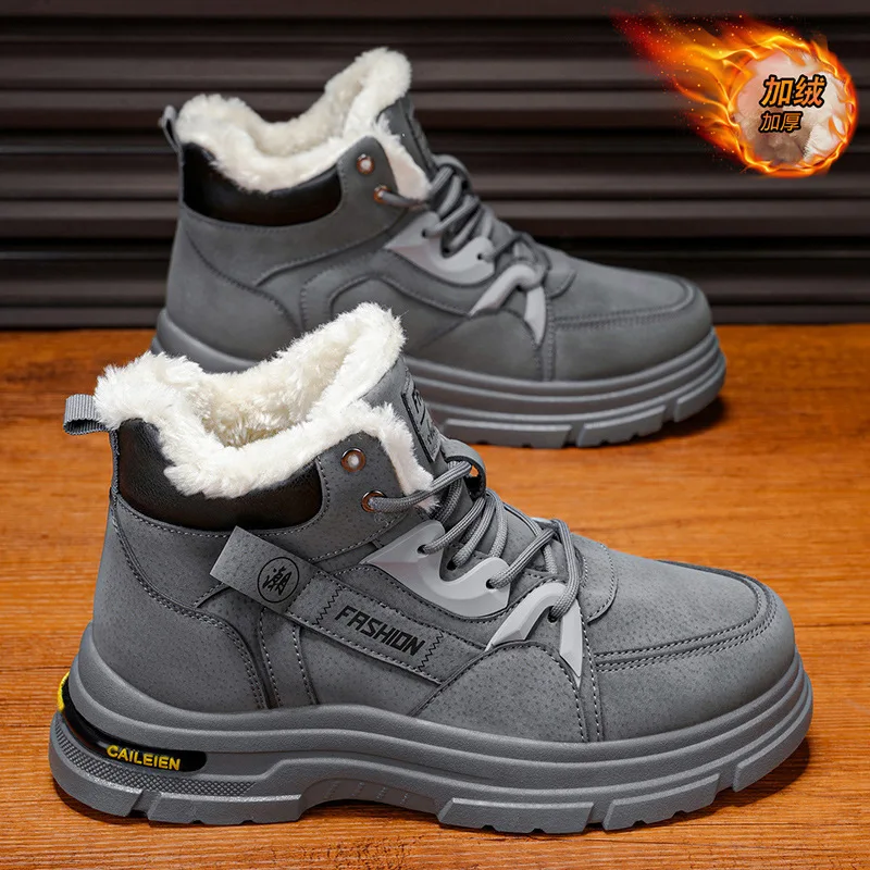 

2025 New Men Winter Boots High Top Plush Lined Work Boots Outdoor Warm Ankle Booties Non-Slip Chunky Sole Casual Shoes