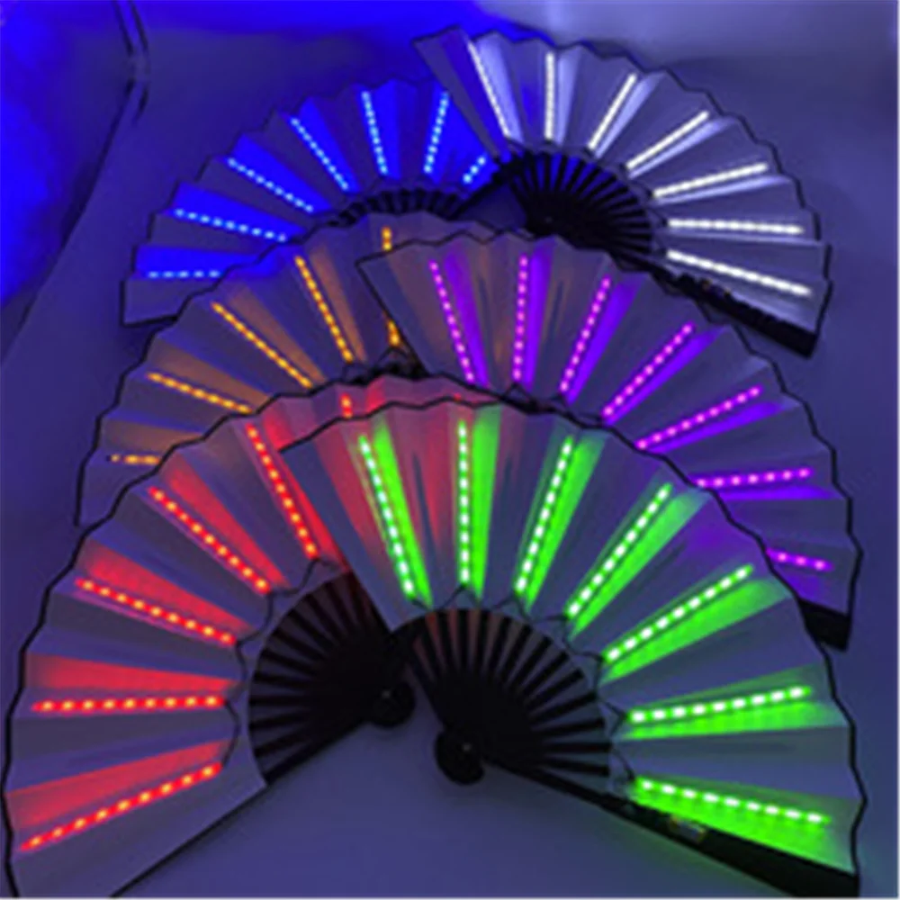 8 Inches Foldable Led Light Hand Fan Glowing Fluorescent Discoloration Fan for Night Performance Dj Bar Club Party Decoration