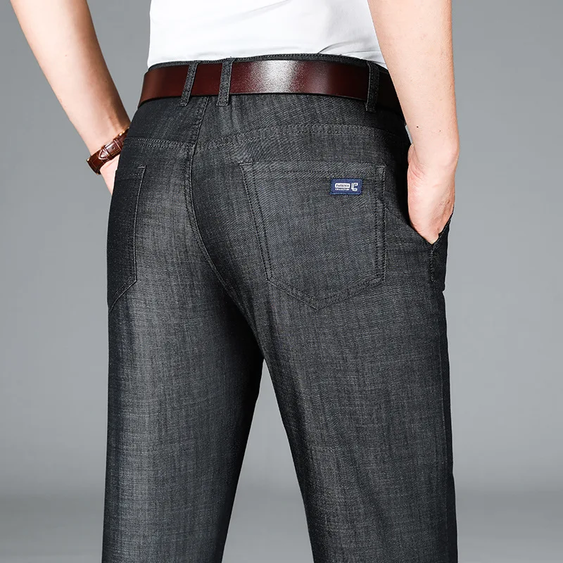Pantalones vaqueros finos de seda helada para hombre, pantalones largos holgados de tubo recto de talla grande, para las cuatro estaciones, pueden usar comodidad de ocio para caballero adulto
