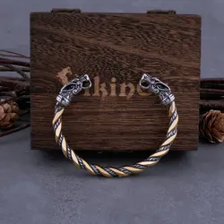 Viking Dragon Head Cuff Bracelet Vintage Twined Gold Silver Color Stainless Steel Men's Personality Punk Hip Hop Jewelry